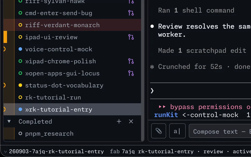 The lower session sidebar with per-window status dots beside an agent pane; the status bar reads agt idle 43s.