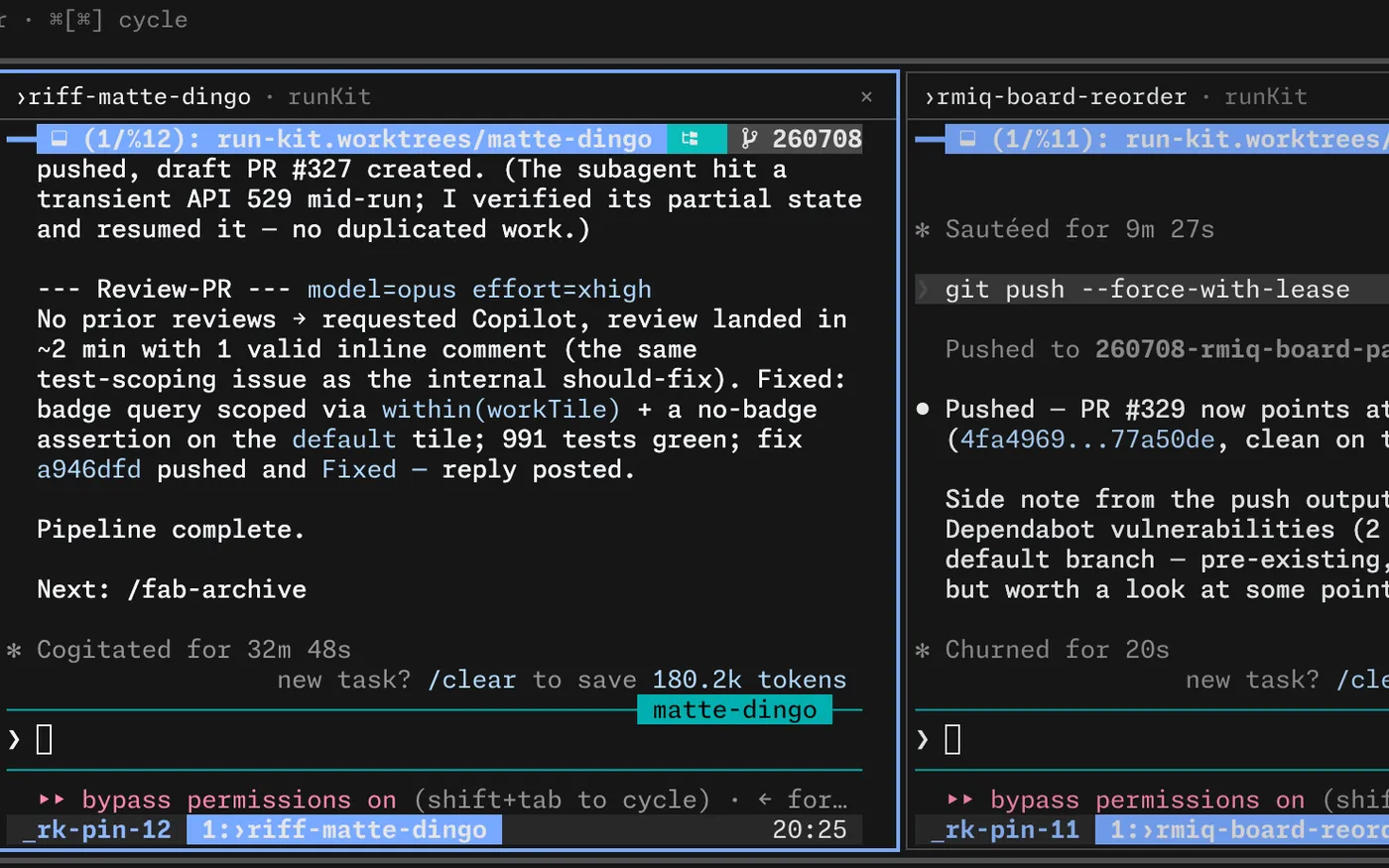 A HexoKit board: two pinned agent panes from the same server rendered side by side.