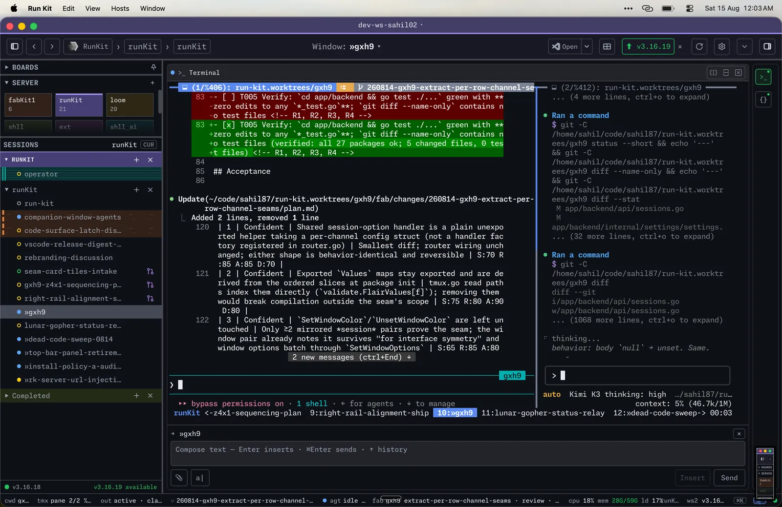 The HexoKit desktop app on macOS: the native window with its own menu bar, showing the session sidebar and a live agent pane.