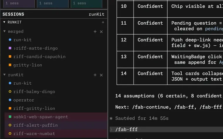 The fleet view: the server grid and a sidebar list of riff worktree windows, each with its status dot.