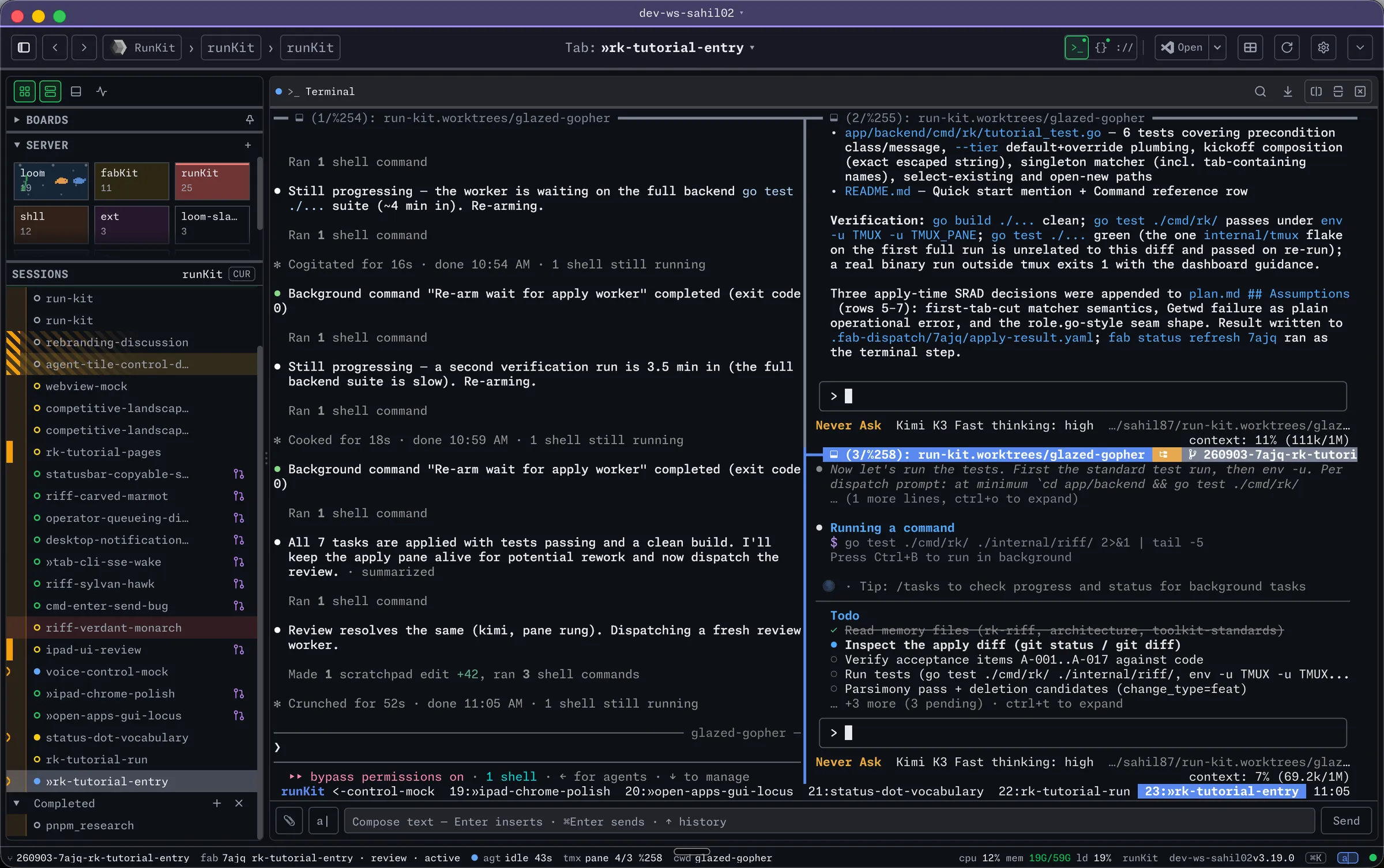 The HexoKit desktop app: a sidebar of tmux sessions beside two live agent panes running a build and a review.