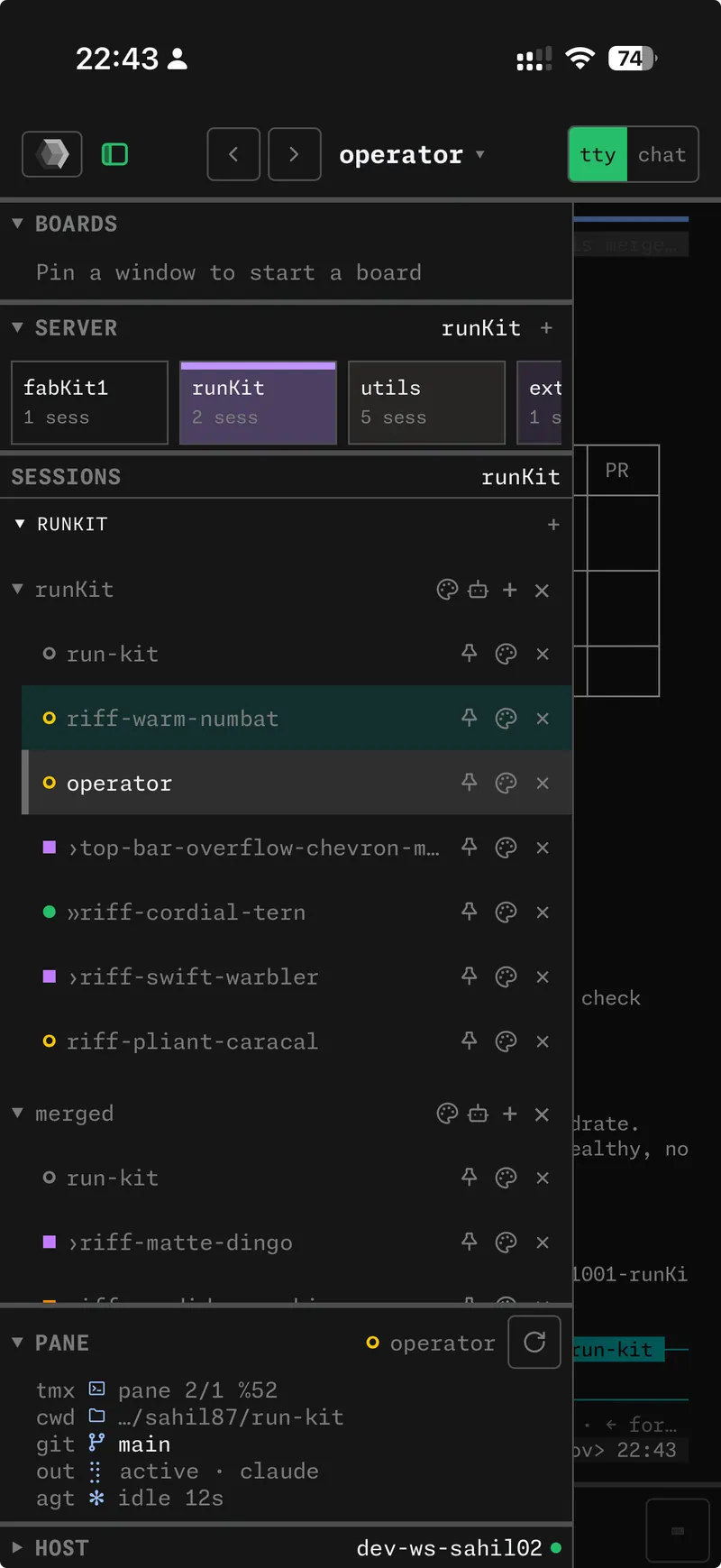 HexoKit on an iPhone: the same session sidebar, with boards, servers and per-pane status.