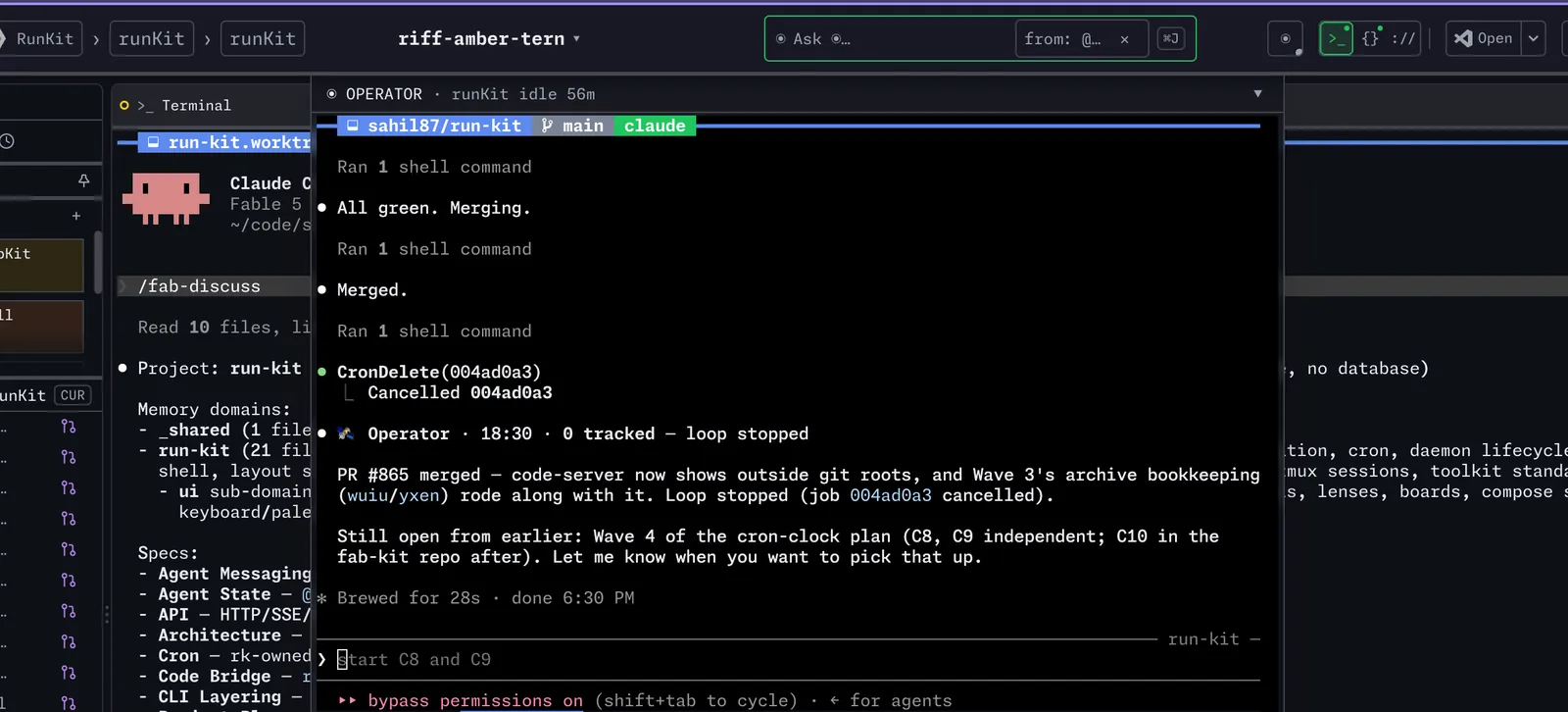 The operator console slid down as a drawer over a dashboard tab, with the tab’s Ask box above it and the operator’s transcript inside.