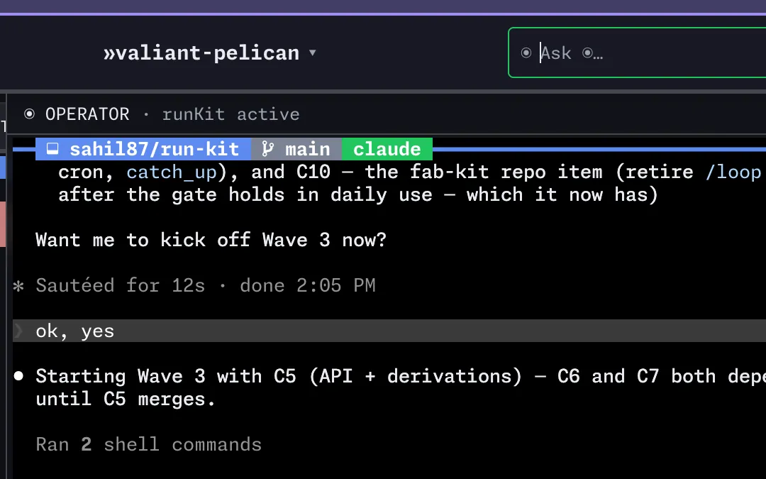 The operator popover reporting on tracked changes and asking whether to start the next wave of work.