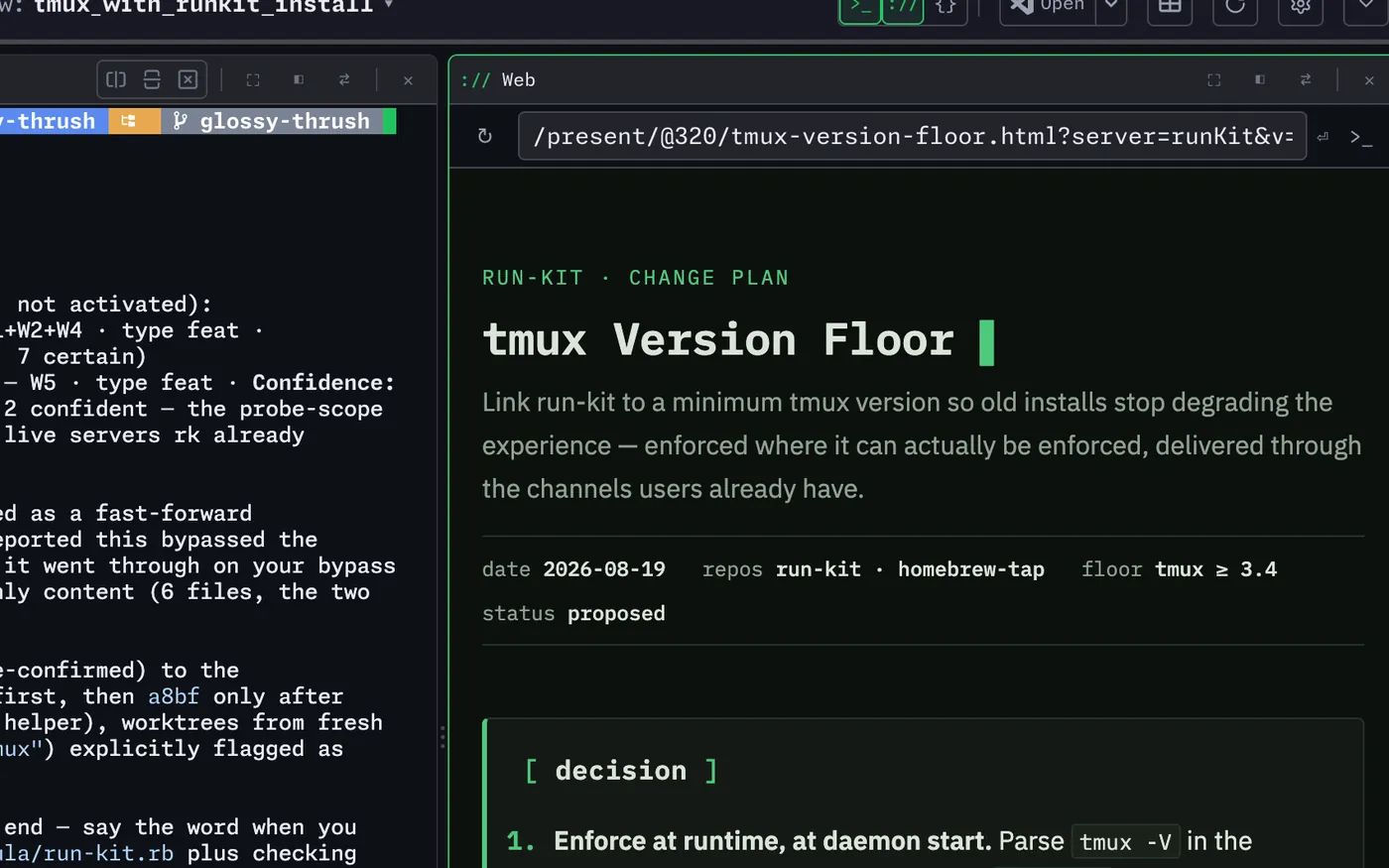 A HexoKit window split between a terminal pane and a web tile rendering a formatted change plan.