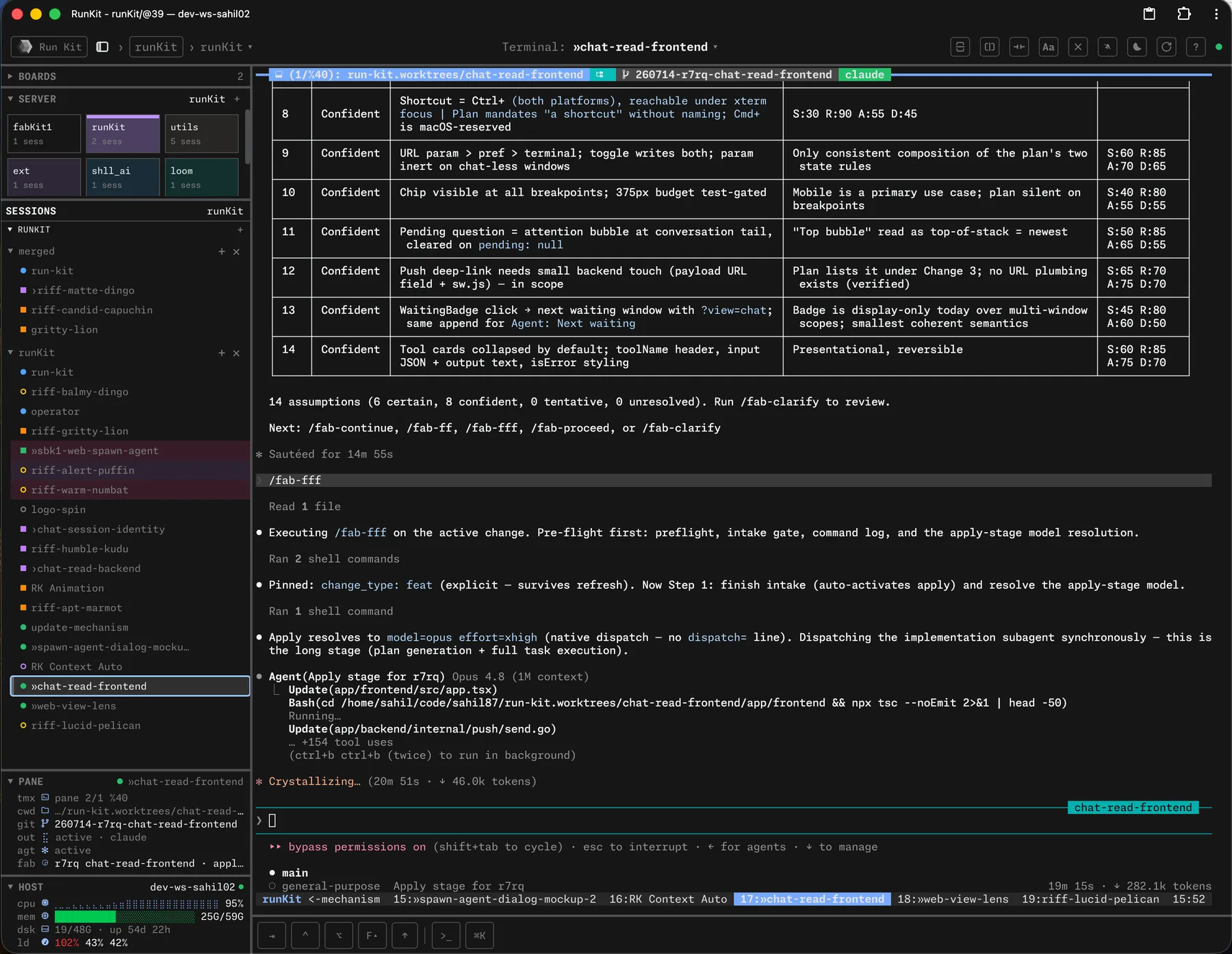 The dashboard driving an AI coding agent — boards and sessions in the sidebar, a live agent pane mid-task, host stats in the corner