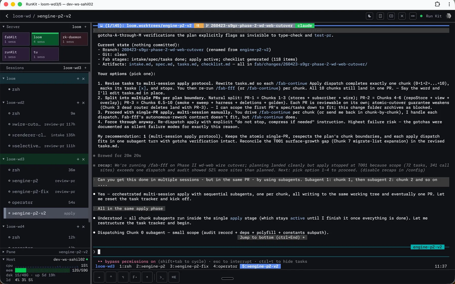 A plain terminal session in the browser — the sidebar lists servers, sessions, and panes alongside live host stats